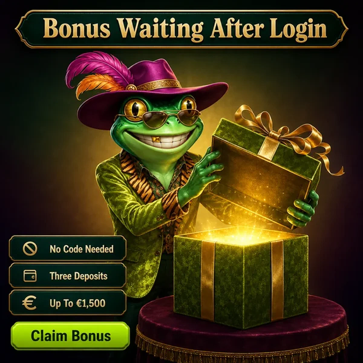 Frogyspin Bonus Waiting After Login — the showman lifts the box lid open with both hands in a triumphant reveal