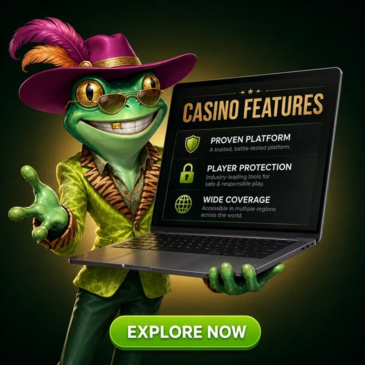 Frogyspin Casino Features — the frog showman angles the open laptop toward the viewer with one hand
