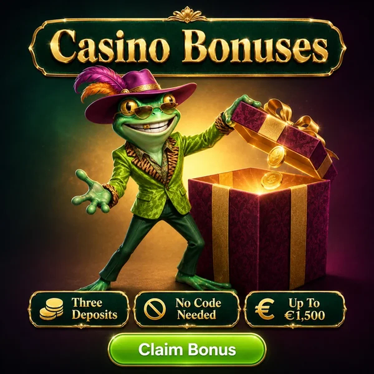 Frogyspin Casino Bonuses — showman lifts the box lid open with a theatrical flourish of one hand